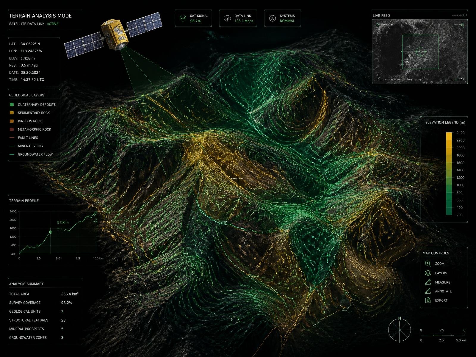Satellite geological terrain analysis